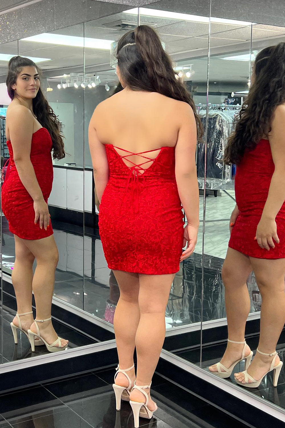 Red Strapless Tight Short Homecoming Dress/Mini Dress with Lace