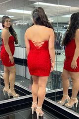 Red Strapless Tight Short Homecoming Dress/Mini Dress with Lace