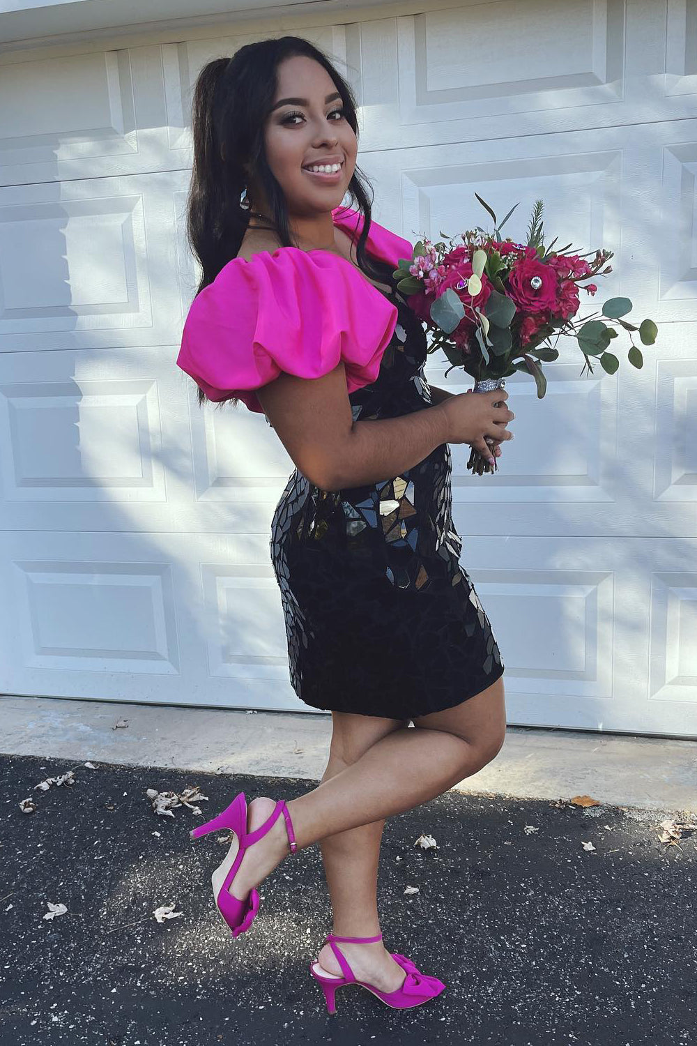 Black Mirror Tight Short Homecoming Dress/Mini Dress With Puff Sleeves