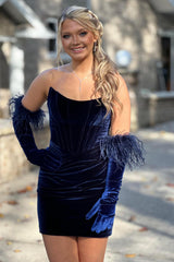 Navy Strapless Velvet Ruched Tight Short Corset Homecoming Dress/Mini Dress without Gloves