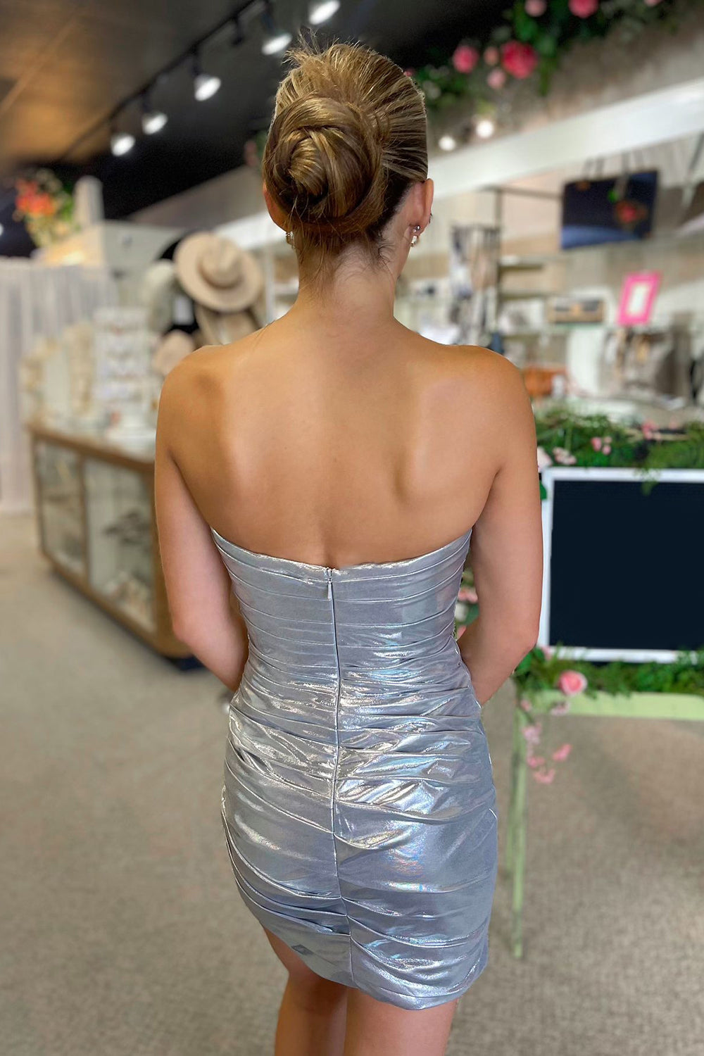 Silver Sparkly Strapless Tight Short Homecoming Dress/Mini Dress with Beadings