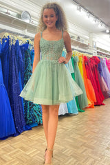 Sparkly Mint A Line Corset Short Homecoming Dress/Mini Dress with Lace