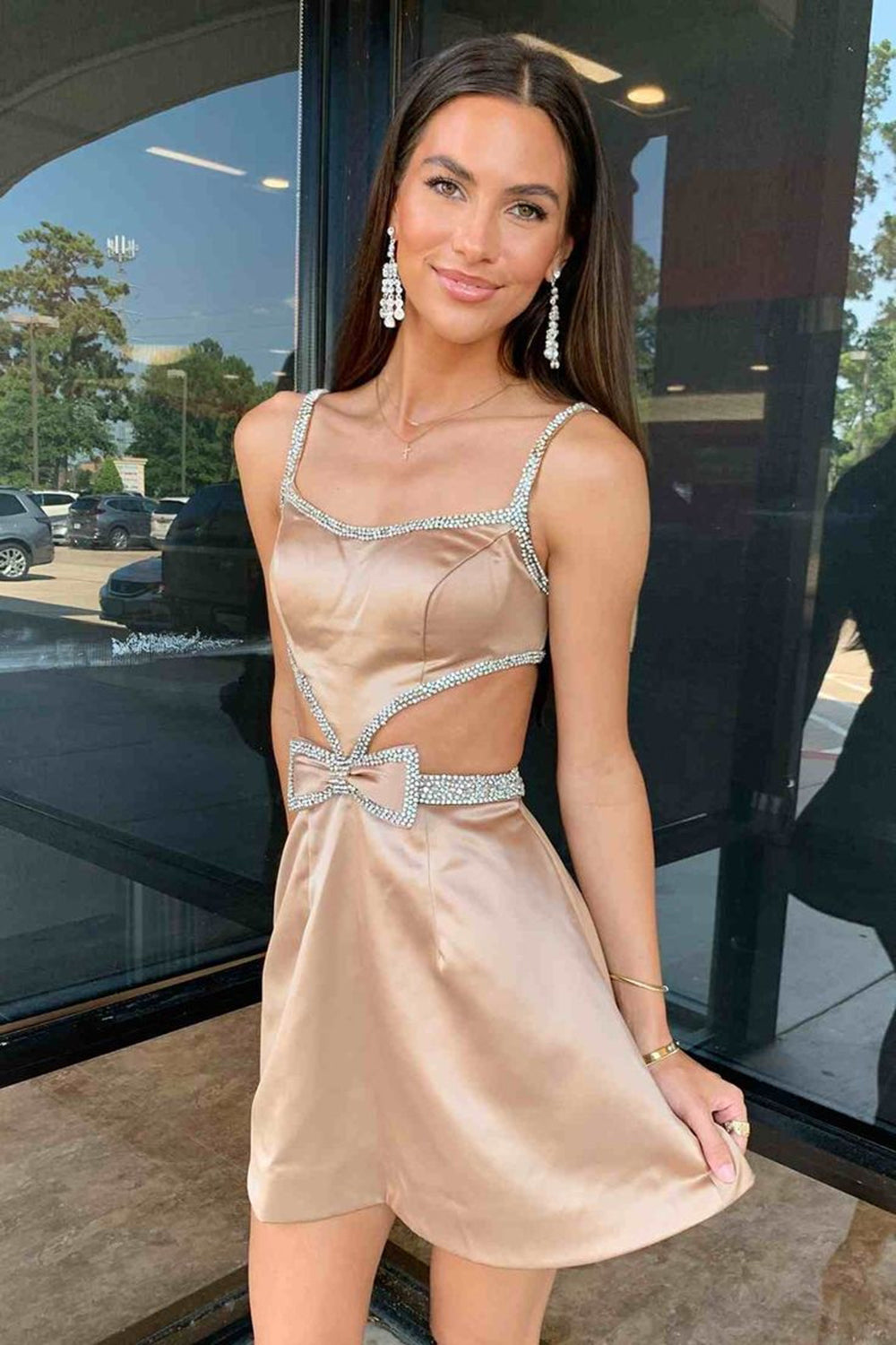 Sparkly Fuchsia Beaded A-Line Short Homecoming Dress/Mini Dress with Bows