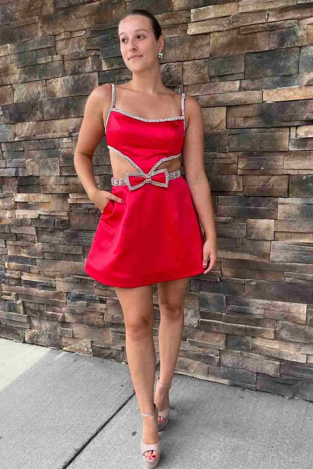 Sparkly Fuchsia A-Line Short Beaded Homecoming Dress/Mini Dress with Bows