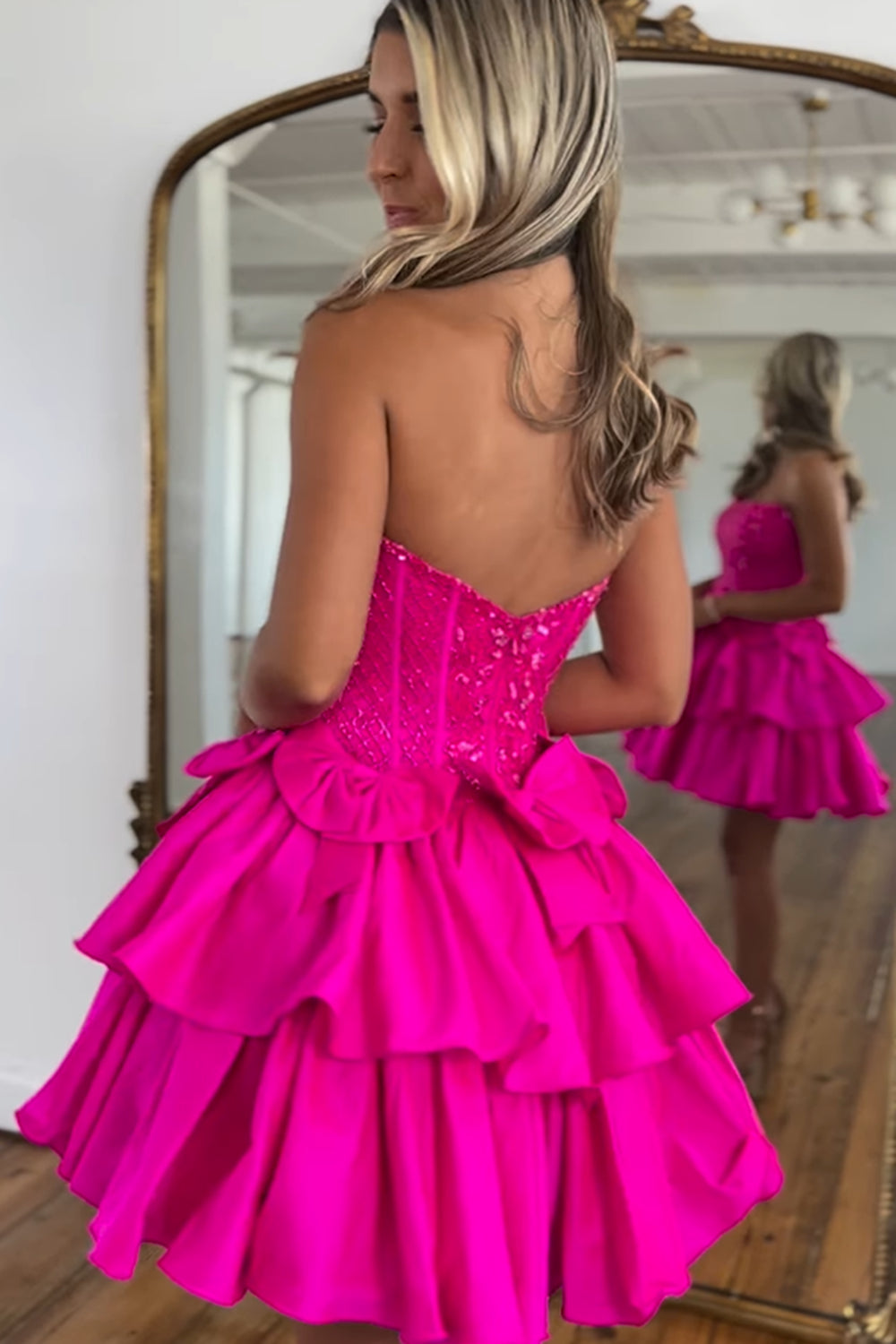 Sparkly Fluffy Fuchsia Tight Short Homecoming Dress/Mini Dress with Ruffles