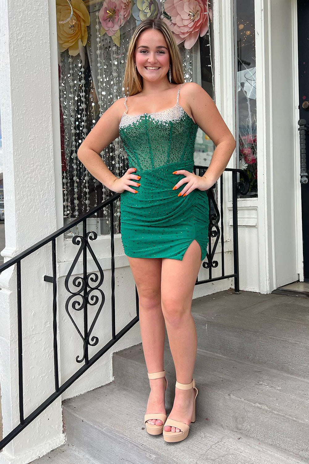 Glitter Royal Blue Spaghetti Straps Tight Short Homecoming Dress/Mini Dress With Beadings