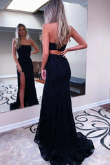 Long Black Strapless Prom Dress with Front Split and Sequins Sheath