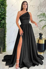 Modest Light Pink One Shoulder Sleeveless Evening Dress With Split