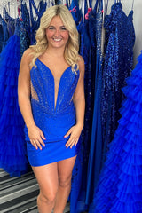 Sparkly Royal Blue Spaghetti Straps Tight Short Homecoming Dress/Mini Dress with Beadings