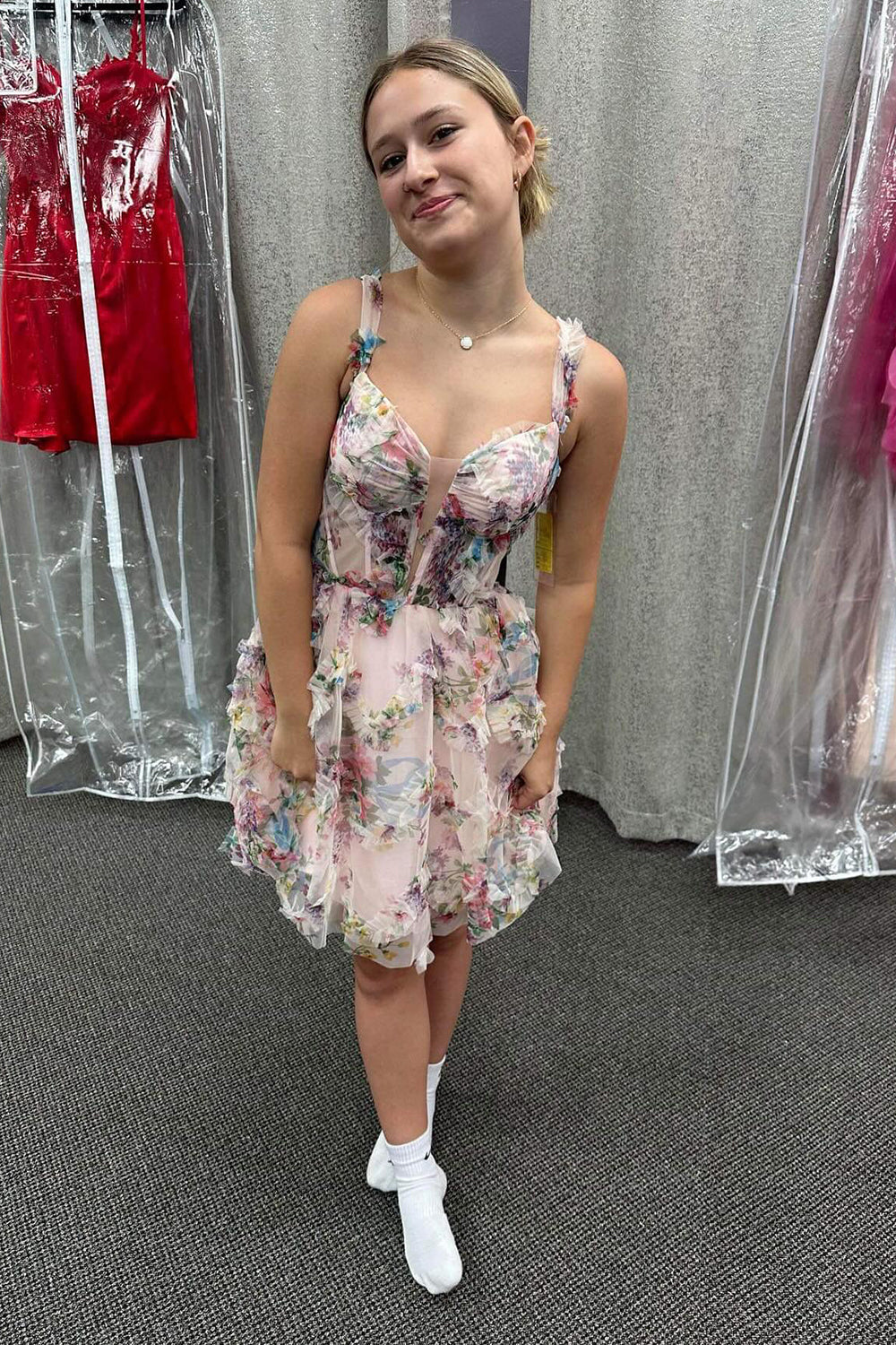 Fuchsia Corset A Line Floral Short Homecoming Dress/Mini Dress