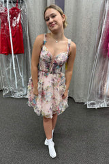 Fuchsia Corset A Line Floral Short Homecoming Dress/Mini Dress