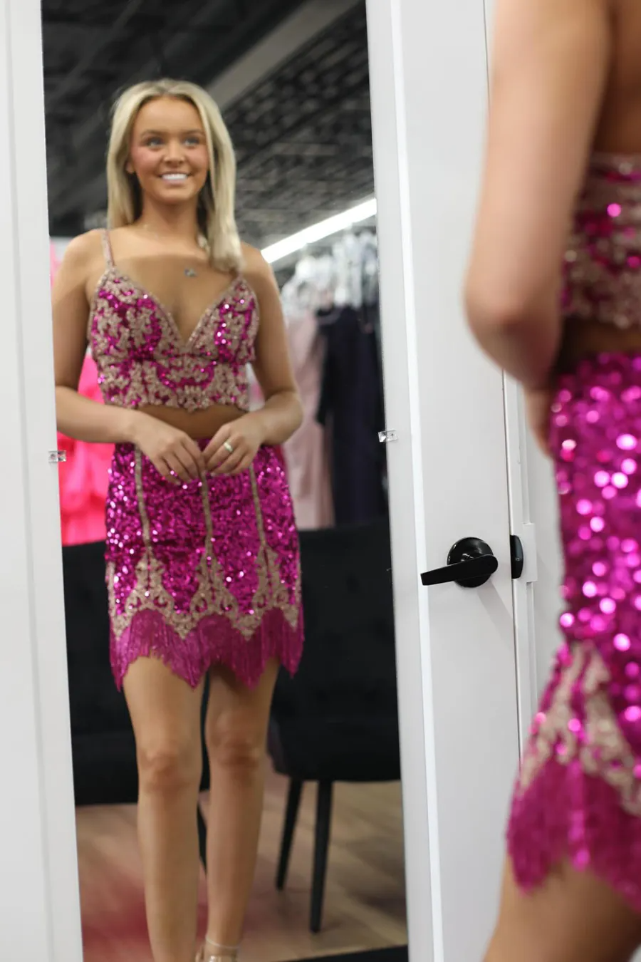 Sparkly Fuchsia Spaghetti Straps Bodycon Short Homecoming Dress/Mini Dress with Fringe