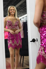 Sparkly Fuchsia Spaghetti Straps Bodycon Short Homecoming Dress/Mini Dress with Fringe