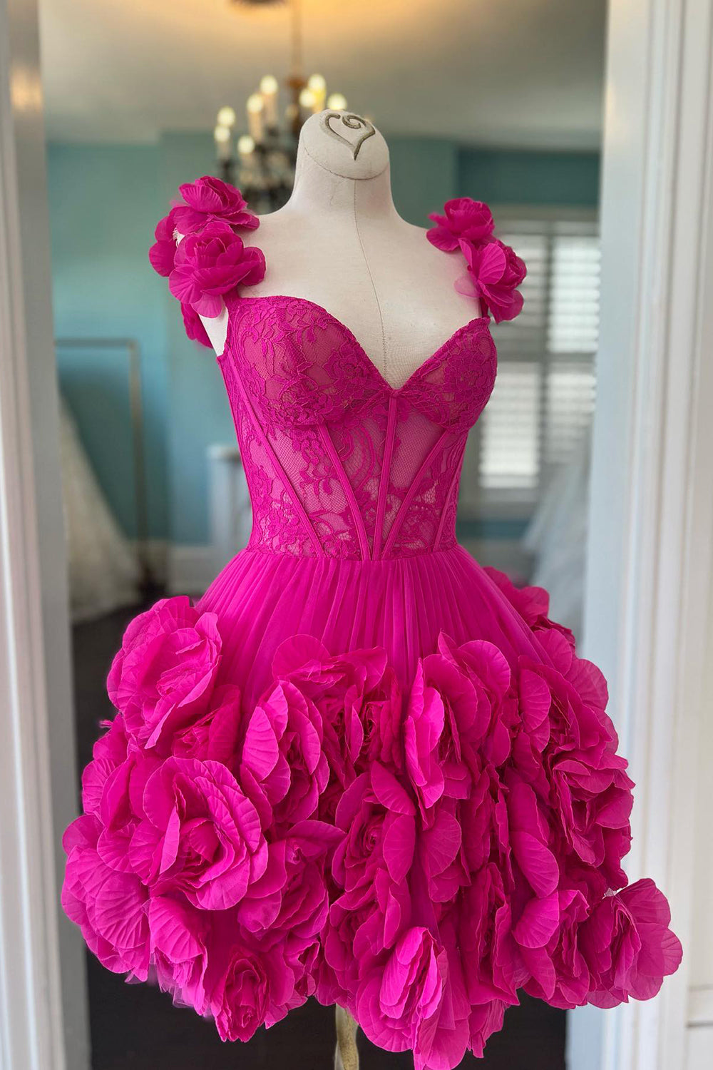 Fuchsia Corset Floral Ruffled Short Homecoming Dress/Mini Dress with Lace