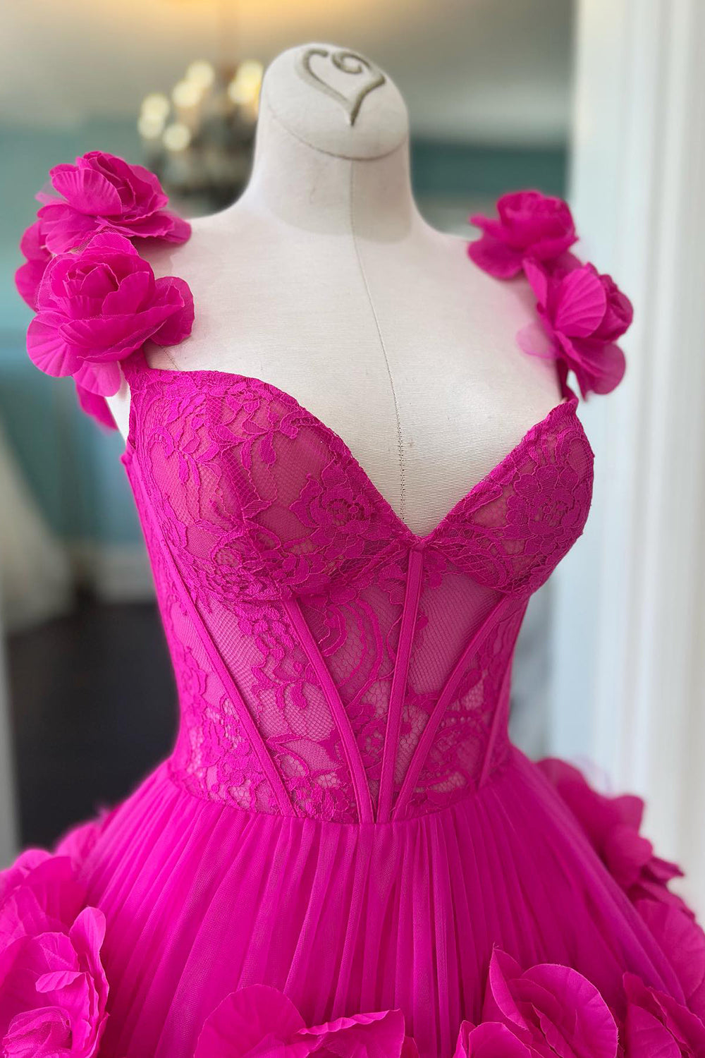 Fuchsia Corset Floral Ruffled Short Homecoming Dress/Mini Dress with Lace