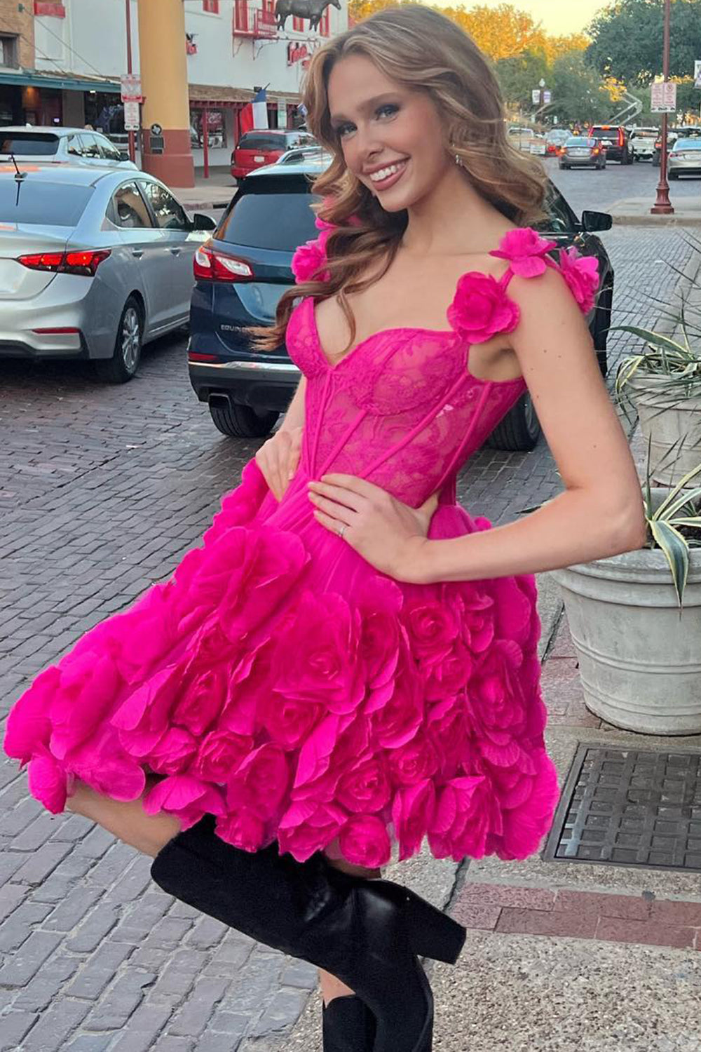 Fuchsia Corset Floral Ruffled Short Homecoming Dress/Mini Dress with Lace