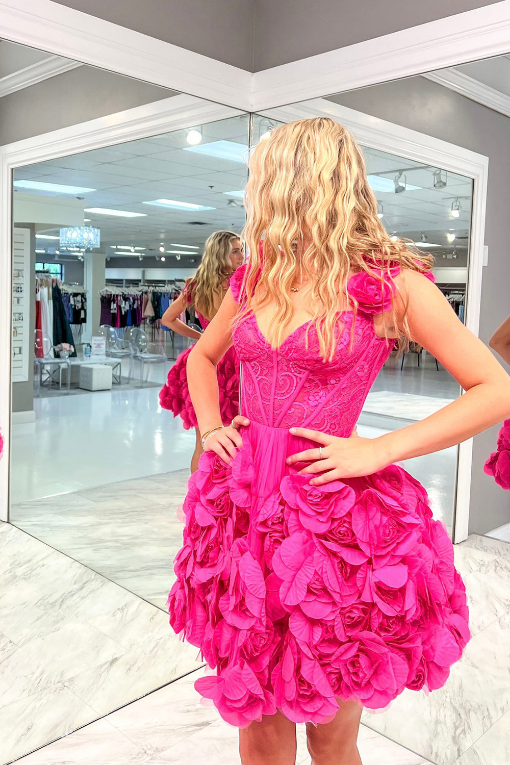 Fuchsia Corset Floral Ruffled Short Homecoming Dress/Mini Dress with Lace