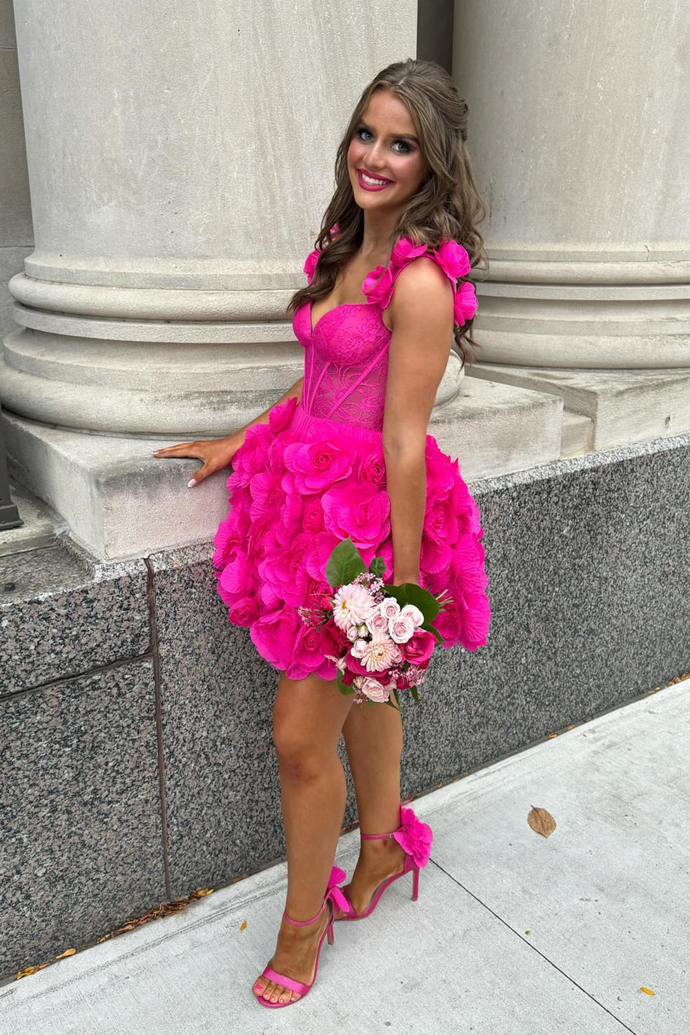 Fuchsia Corset Floral Ruffled Short Homecoming Dress/Mini Dress with Lace