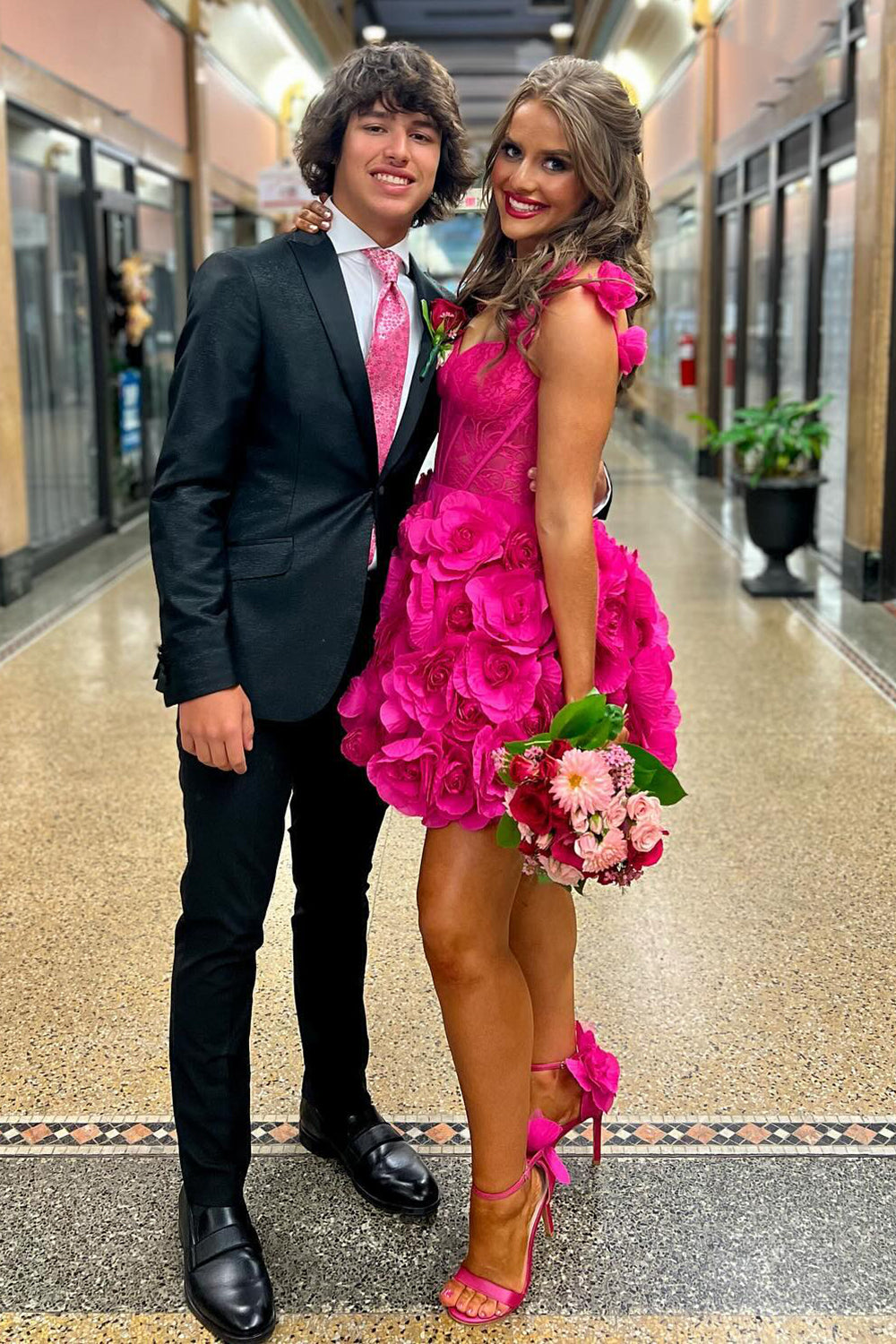 Fuchsia Corset Floral Ruffled Short Homecoming Dress/Mini Dress with Lace