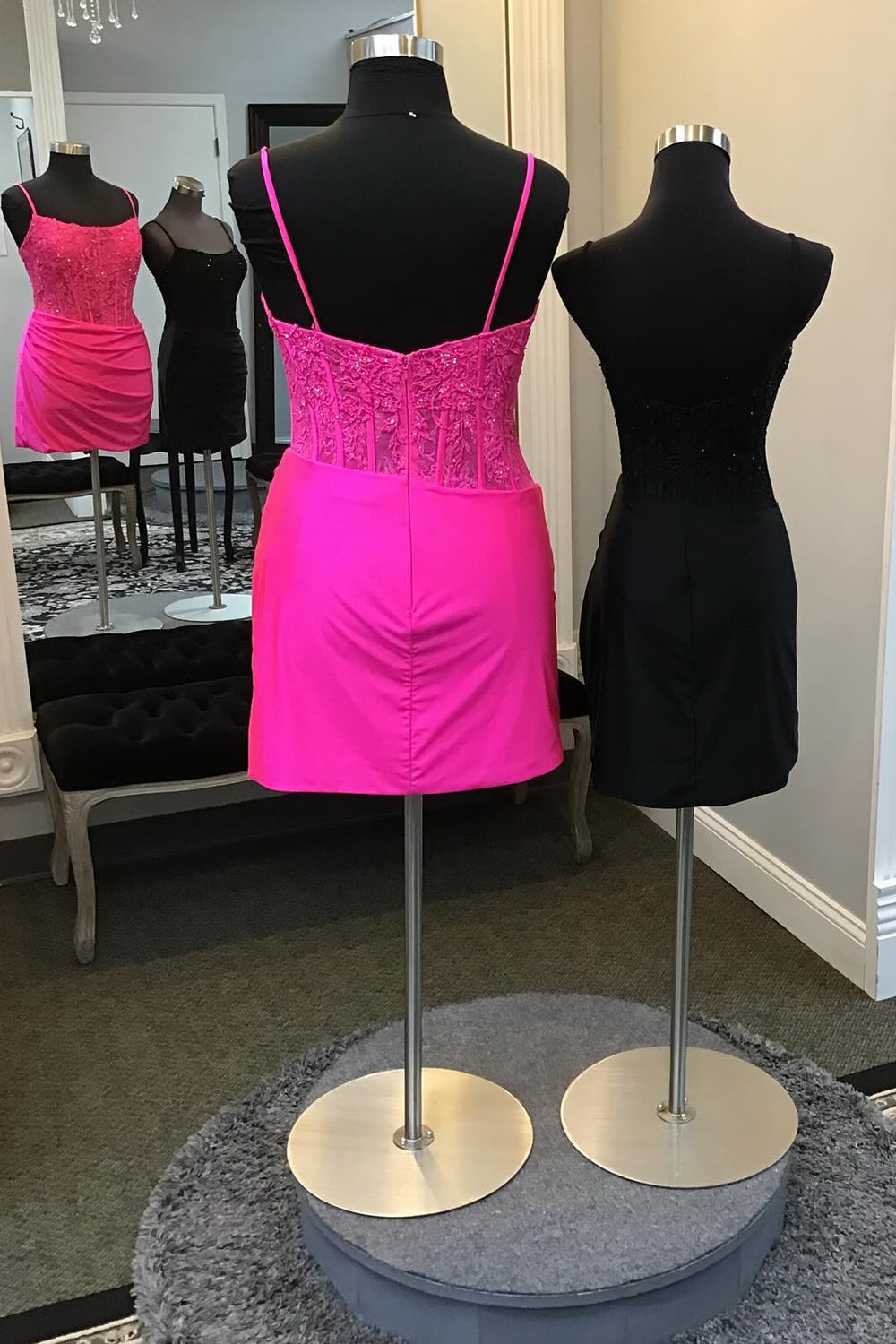 Fuchsia Corset Spaghetti Straps Tight Short Homecoming Dress/Mini Dress with Lace