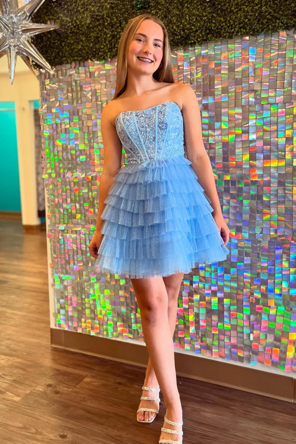 Sparkly Purple Strapless Corset A Line Short Homecoming Dress/Mini Dress with Ruffles