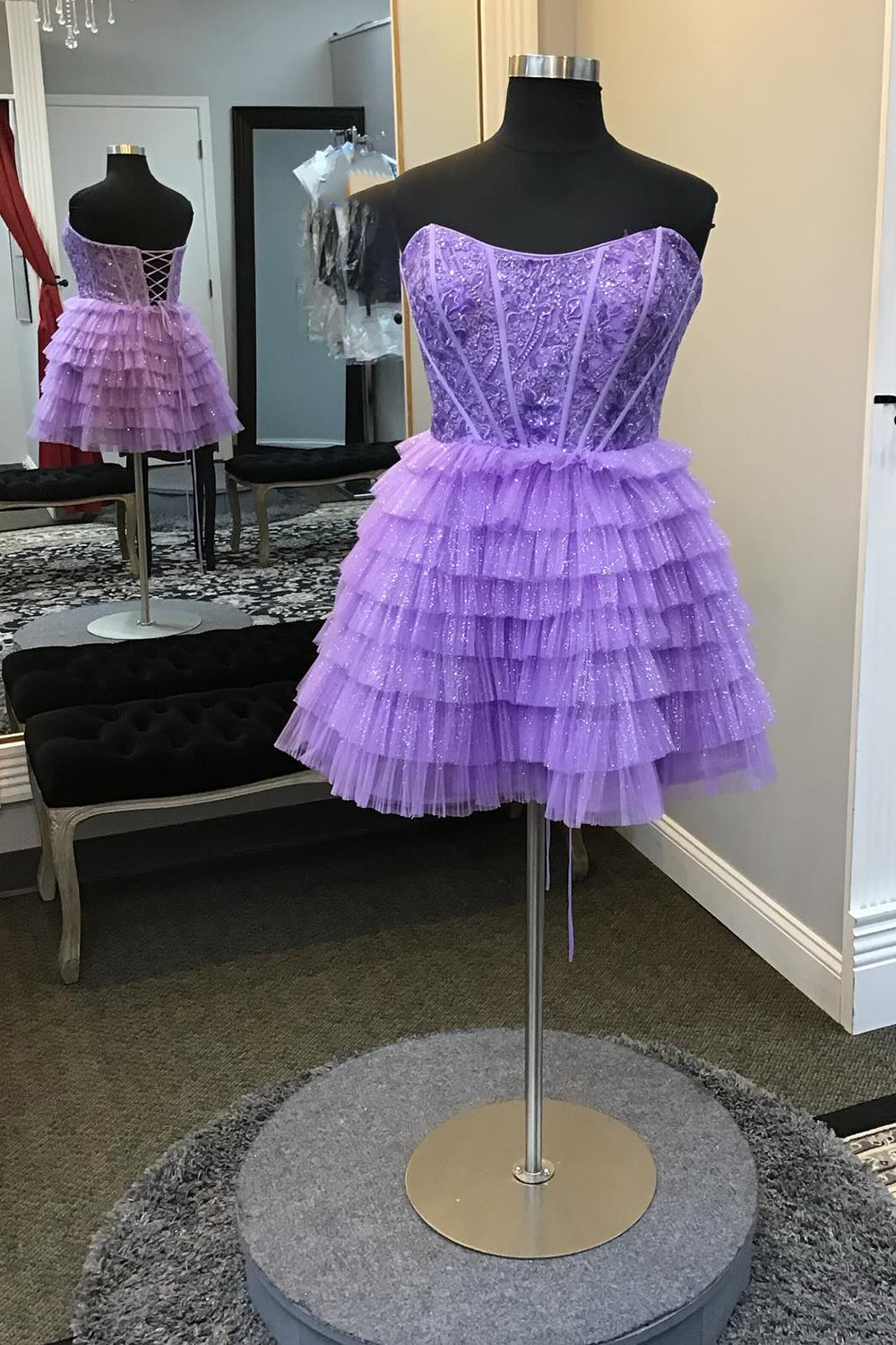 Sparkly A Line Blue Strapless Corset Short Homecoming Dress/Mini Dress with Ruffles