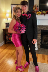 Sparkly Fuchsia Halter Tight Short Homecoming Dress/Mini Dress with Beadings
