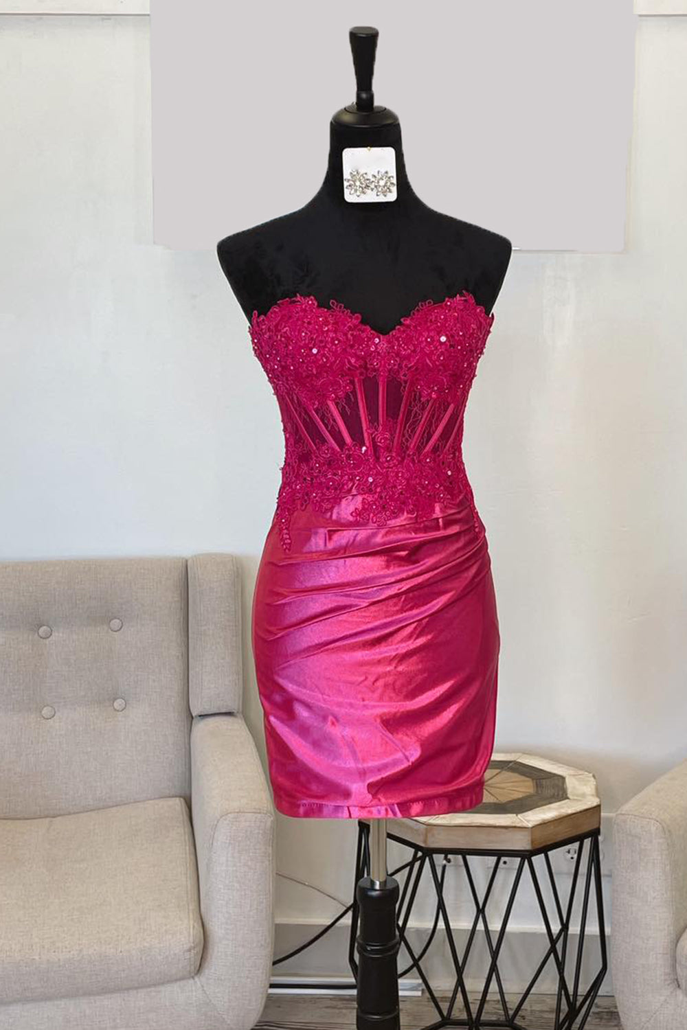 Fuchsia Strapless Tight Corset Short Homecoming Dress/Mini Dress with Lace