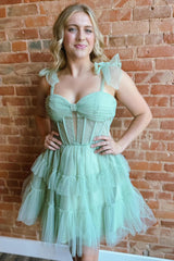 Green Spaghetti Straps Corset A-Line Short Homecoming Dress/Mini Dress