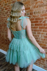 Green Spaghetti Straps Corset A-Line Short Homecoming Dress/Mini Dress