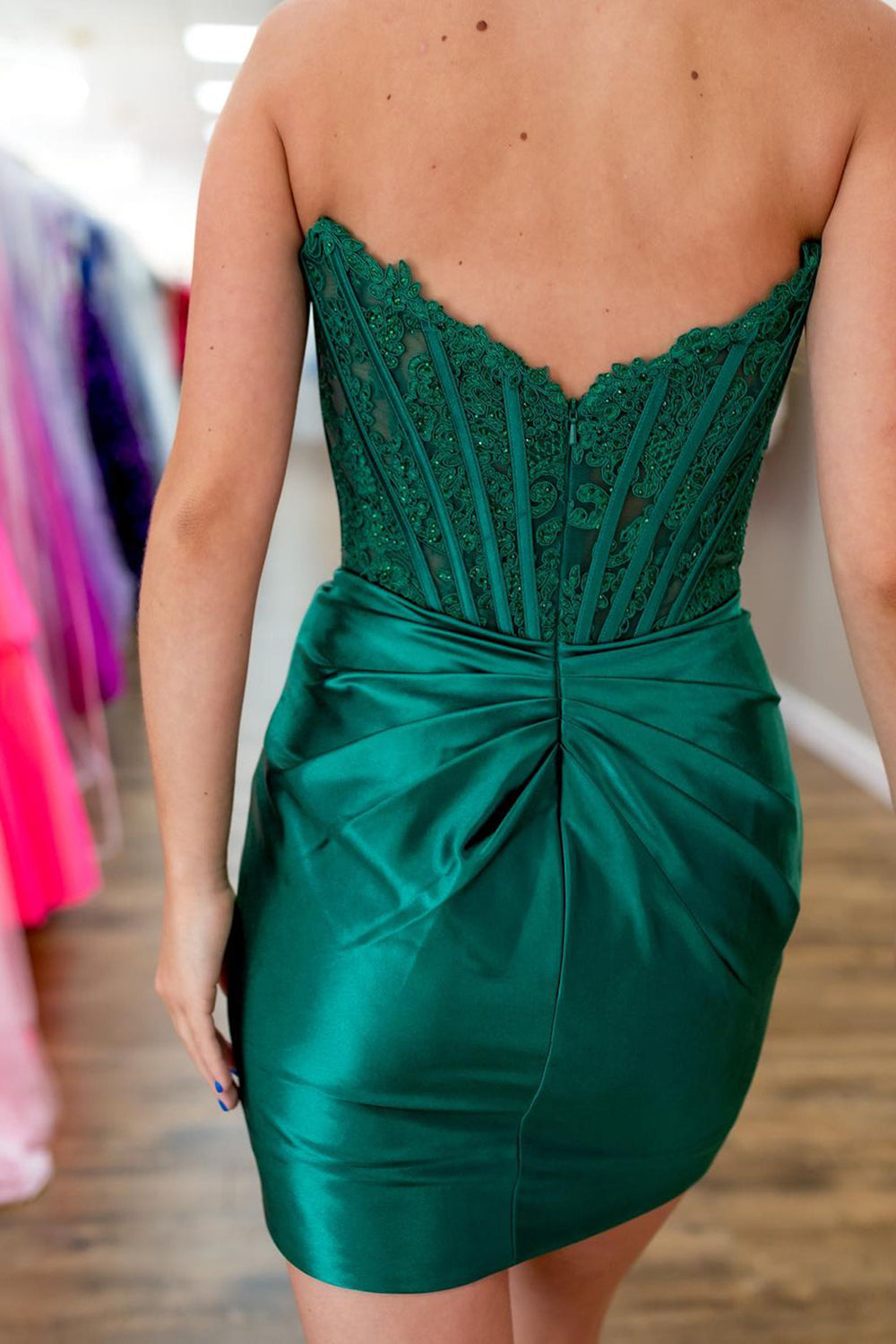 Strapless Corset Dark Green Tight Short Homecoming Dress/Mini Dress with Lace