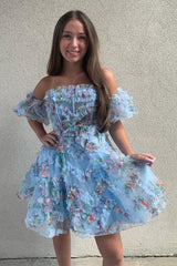 Fluffy Blue Corset Off The Shoulder A-Line Short Homecoming Dress/Mini Dress