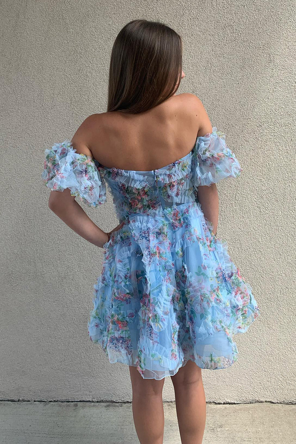 Fluffy Blue Corset Off The Shoulder A-Line Short Homecoming Dress/Mini Dress