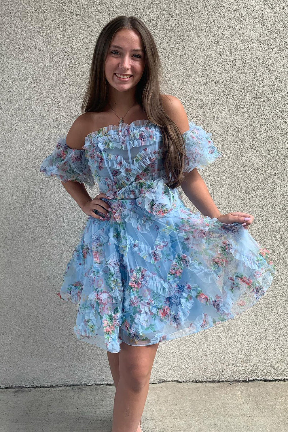 Fluffy Blue Corset Off The Shoulder A-Line Short Homecoming Dress/Mini Dress