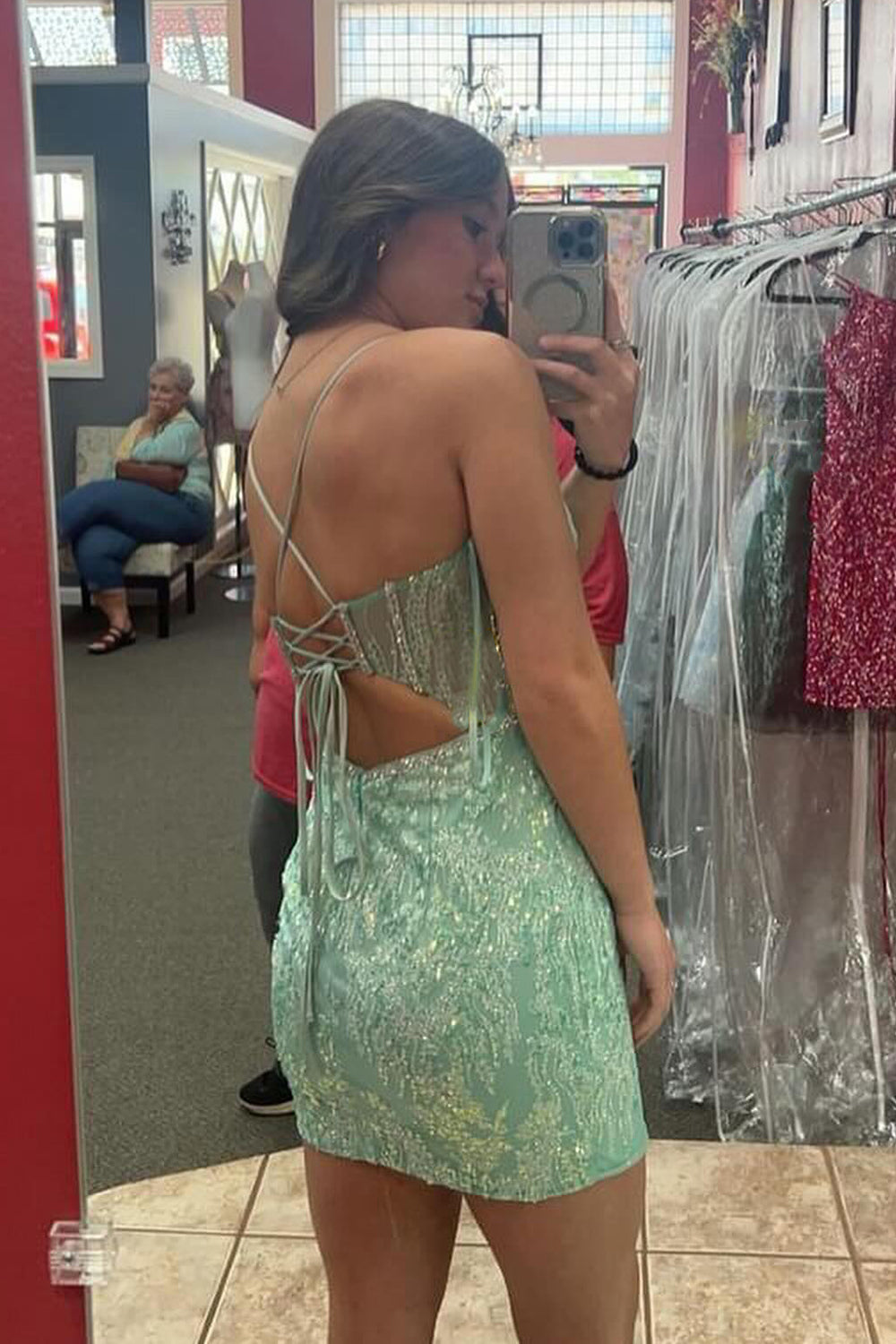 Sparkly Light Green Corset Tight Short Homecoming Dress/Mini Dress with Beadings