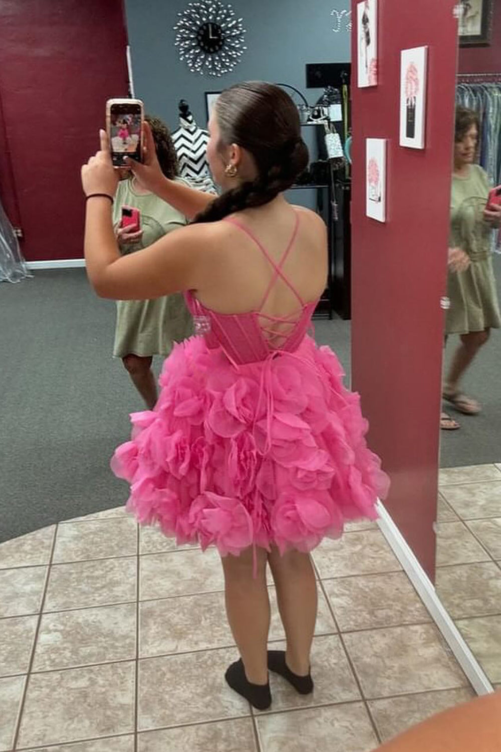 Fuchsia Corset Floral A-Line Short Homecoming Dress/Mini Dress with Lace