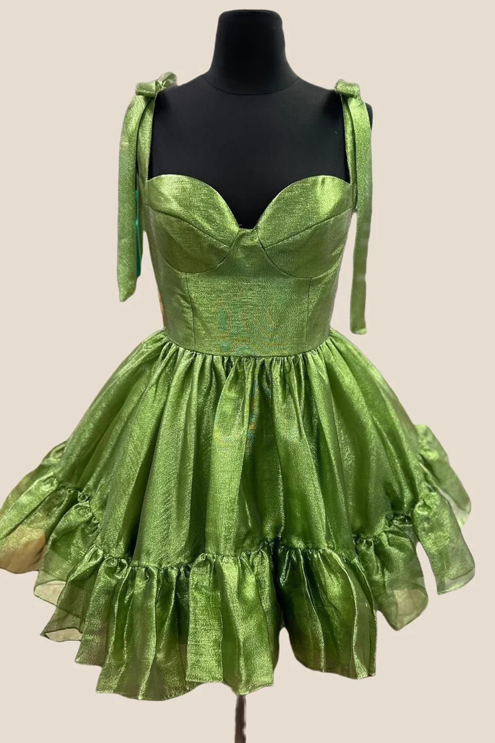 A Line Short Corset Homecoming Dress with Metallic Pink Adjustable Straps and Ruffles