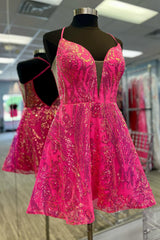 Sparkly Fuchsia A-Line Backless Short Homecoming Dress/Mini Dress