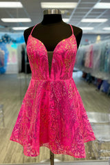Sparkly Fuchsia A-Line Backless Short Homecoming Dress/Mini Dress