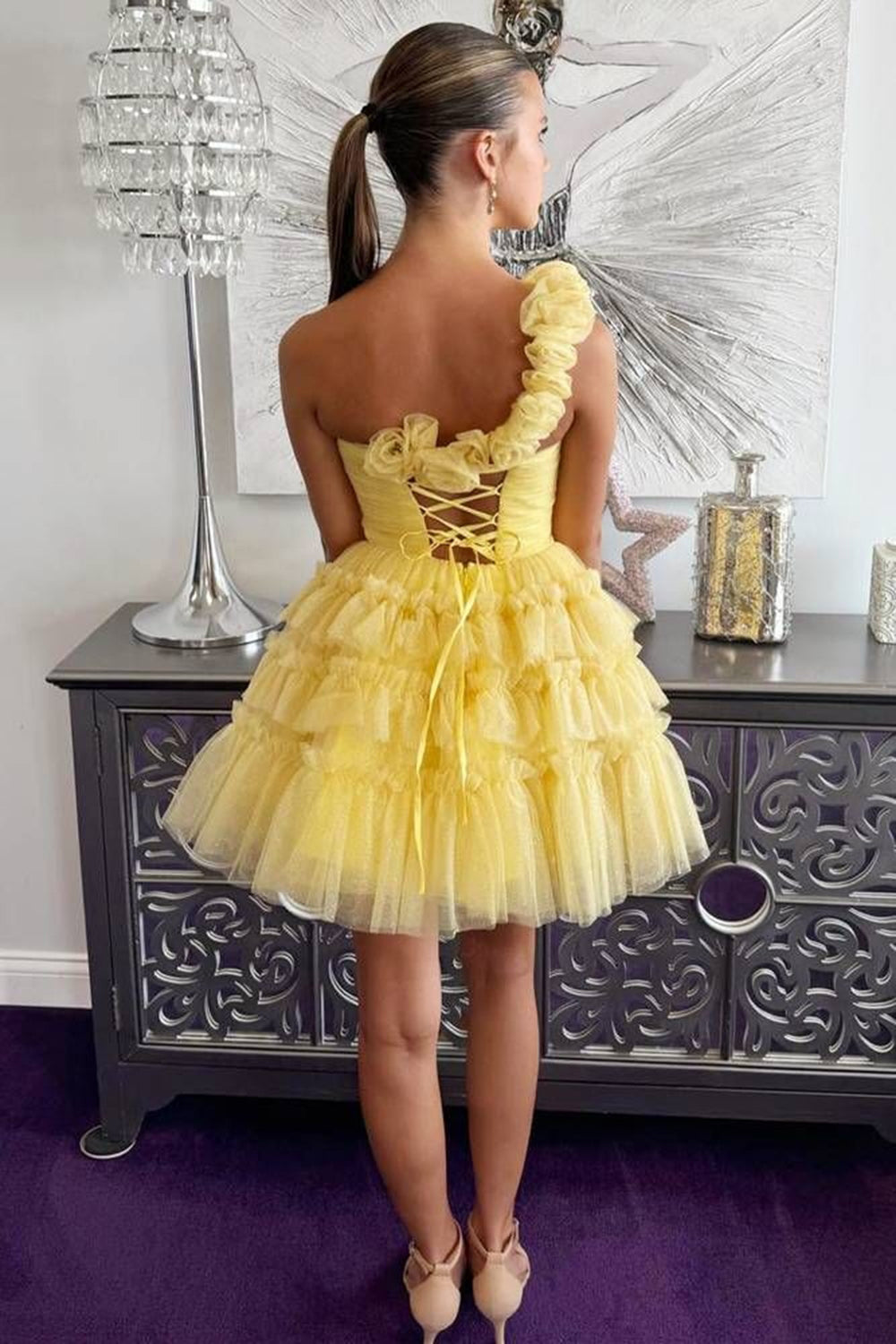 Yellow One Shoulder Ruffled A-Line Short Homecoming Dress/Mini Dress