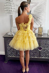 Yellow One Shoulder Ruffled A-Line Short Homecoming Dress/Mini Dress