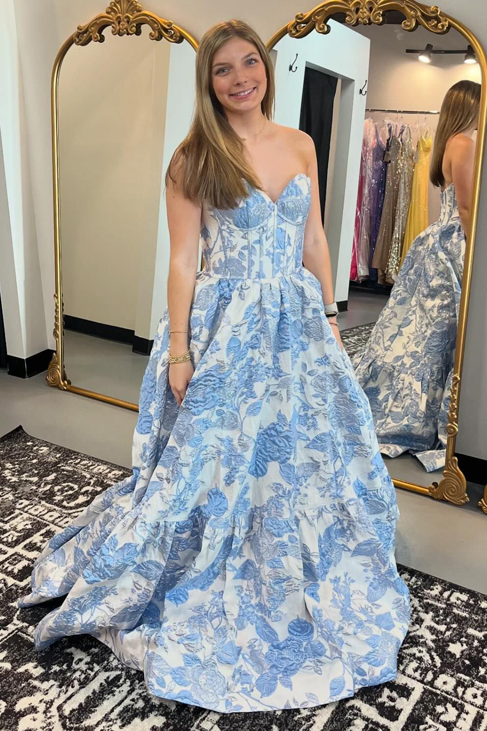 Elegant Sweetheart A-Line Corset Prom Dress in Blue Floral