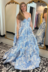 Elegant Sweetheart A-Line Long Corset Prom Dress in Blue Floral