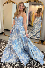Elegant Sweetheart A-Line Long Corset Prom Dress in Blue Floral