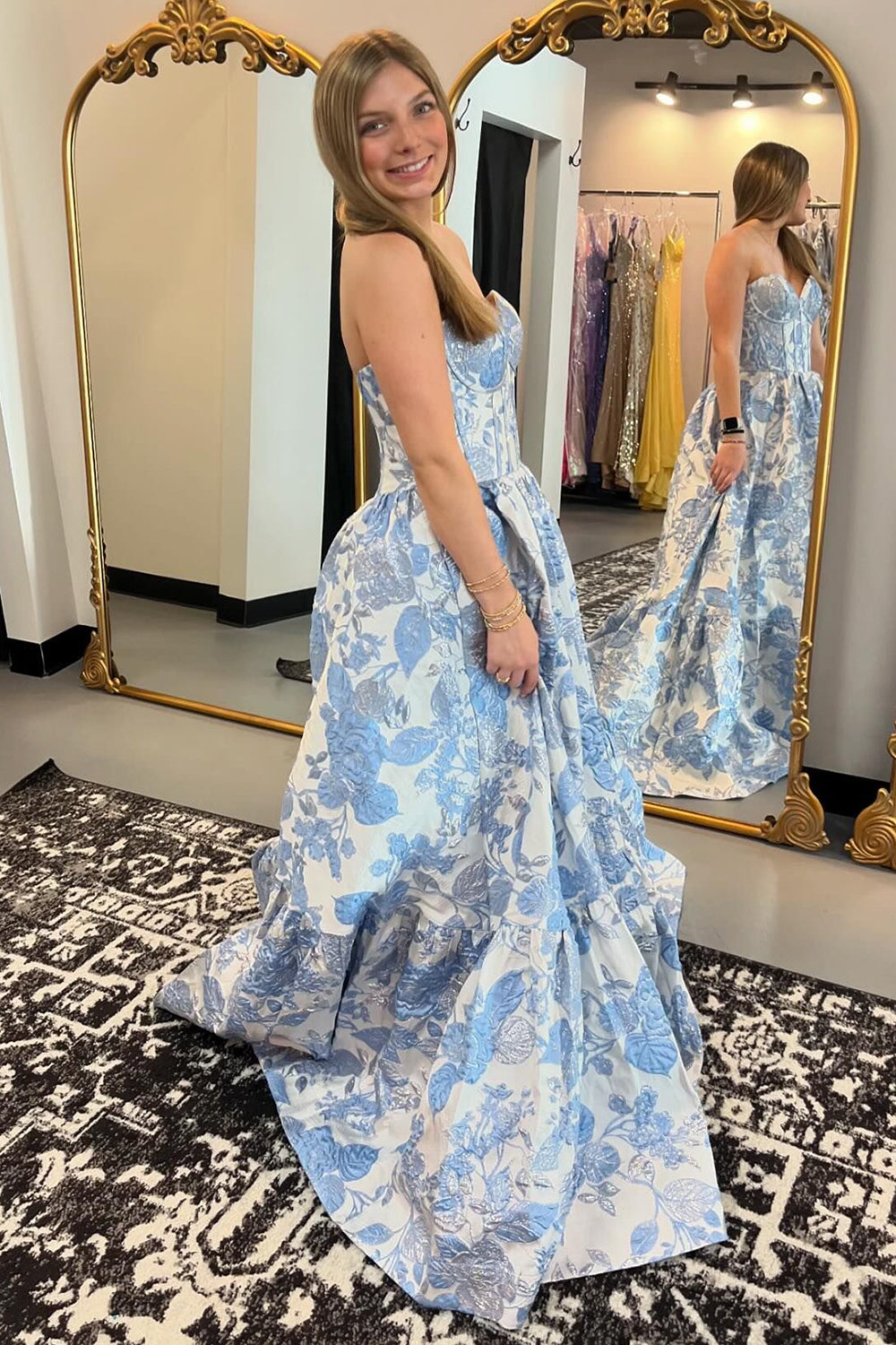Elegant Sweetheart A-Line Long Corset Prom Dress in Blue Floral