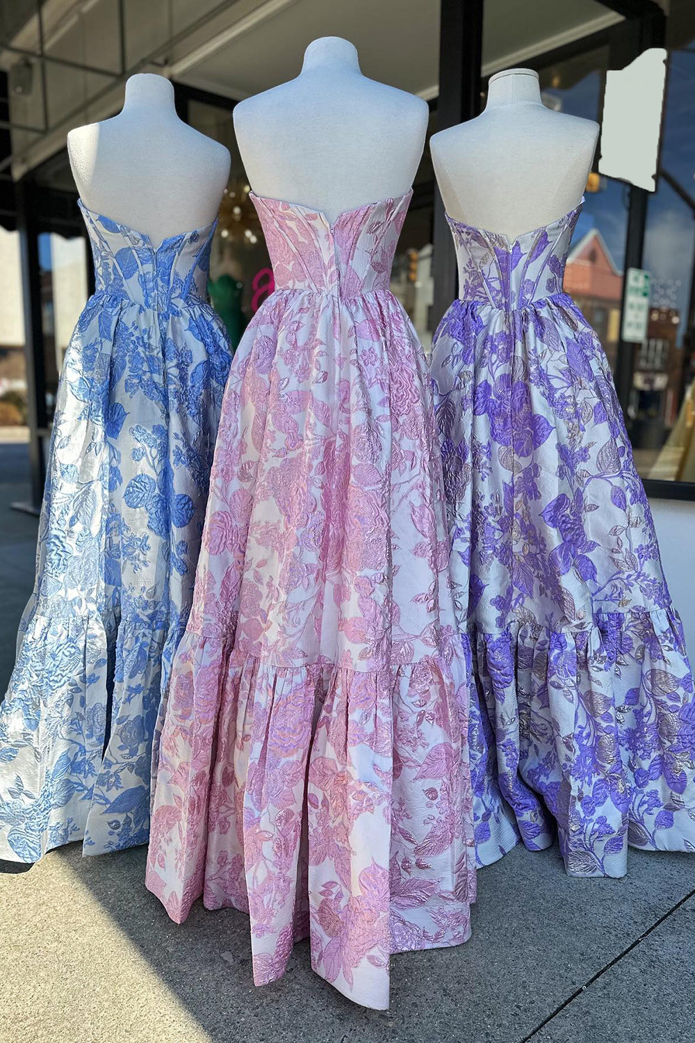 Elegant Sweetheart A-Line Long Corset Prom Dress in Blue Floral