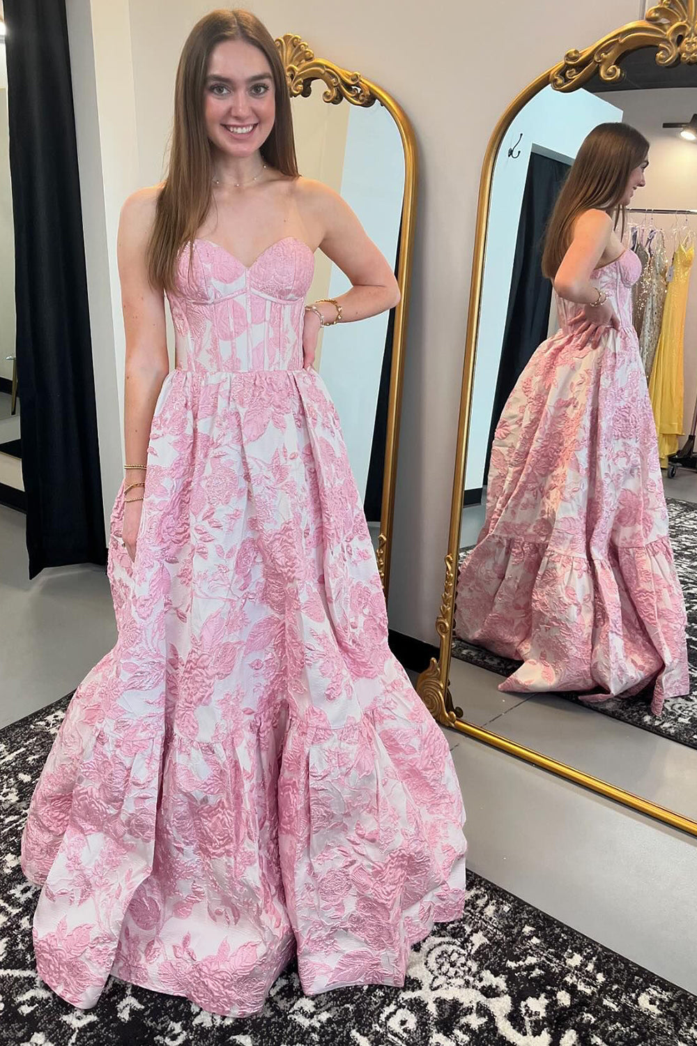 Elegant Sweetheart A-Line Long Corset Prom Dress in Blue Floral