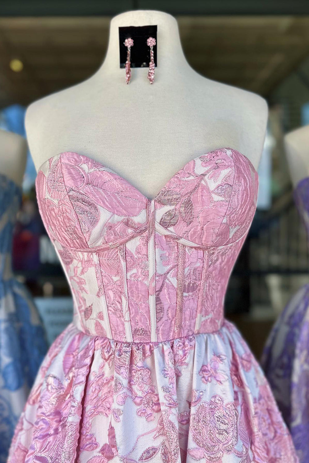 Elegant Sweetheart A-Line Long Corset Prom Dress in Blue Floral