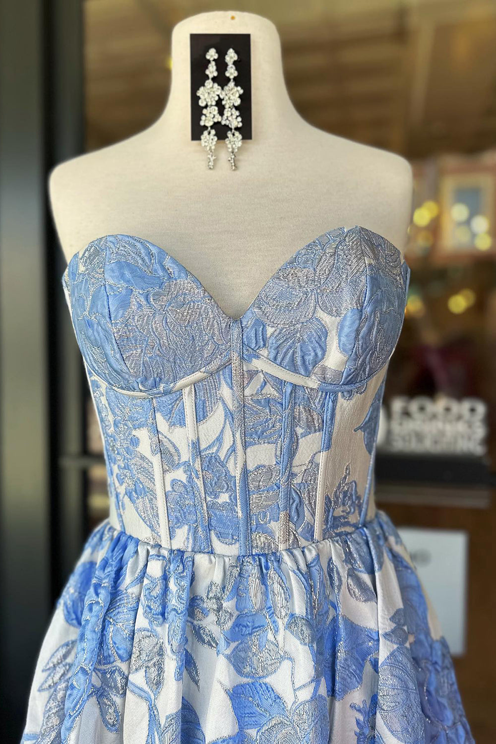 Elegant Sweetheart A-Line Long Corset Prom Dress in Blue Floral