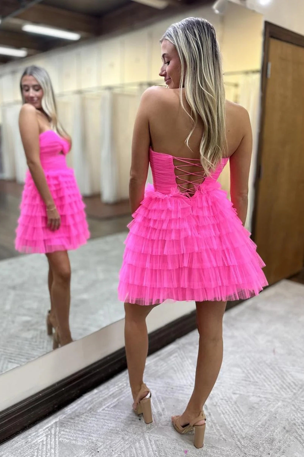 A-Line Fuchsia Strapless Tiered Tulle Short Homecoming Dress/Mini Dress with Keyhole